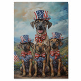 Plott Hound Dog Family in Patriotic Outfits and Top Hats Celebrating Independence Day in a Scenic Countryside on Ready to Hang 1.5" Thick Canvas Wrap, Floating Framed Canvas, Flat Rolled Canvas
